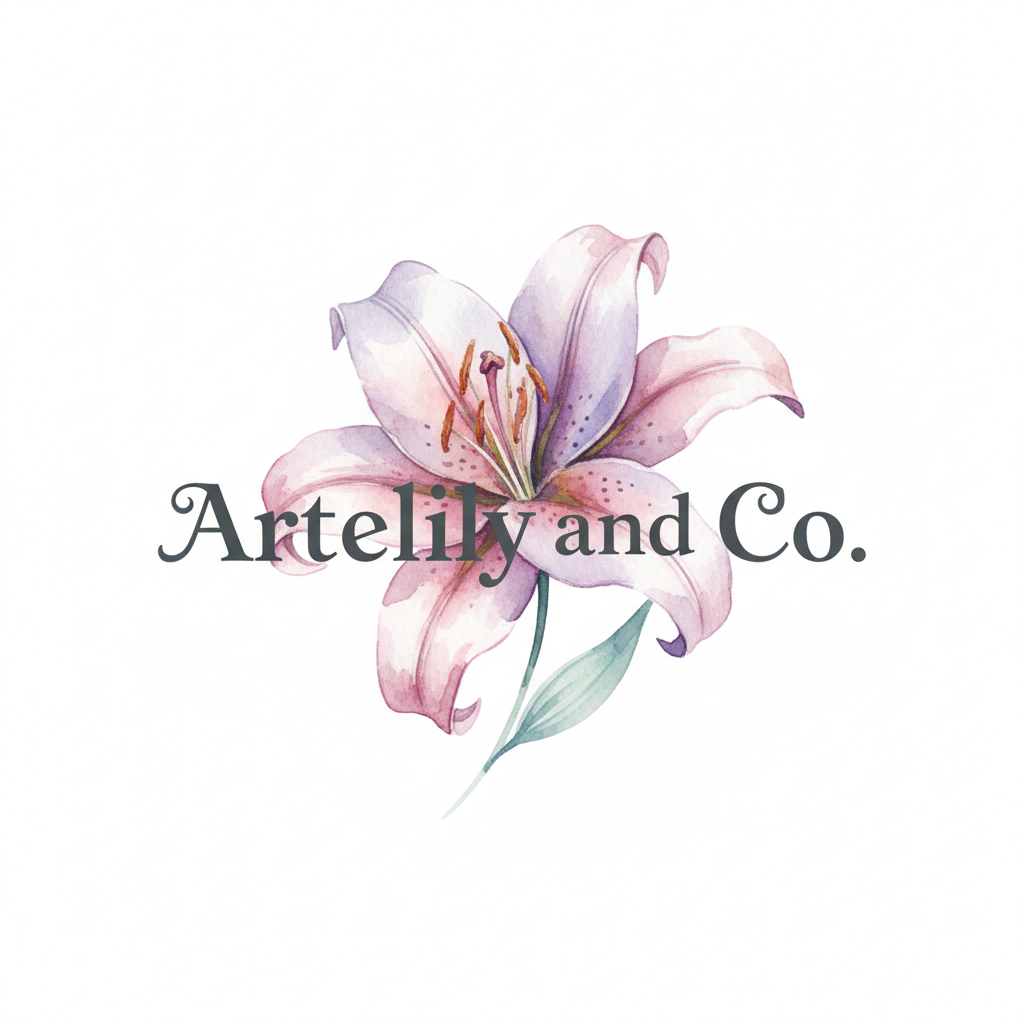 Artelily and Co Logo with a Purple and Pink Lily flower in the background behind the words Artelily and Co
